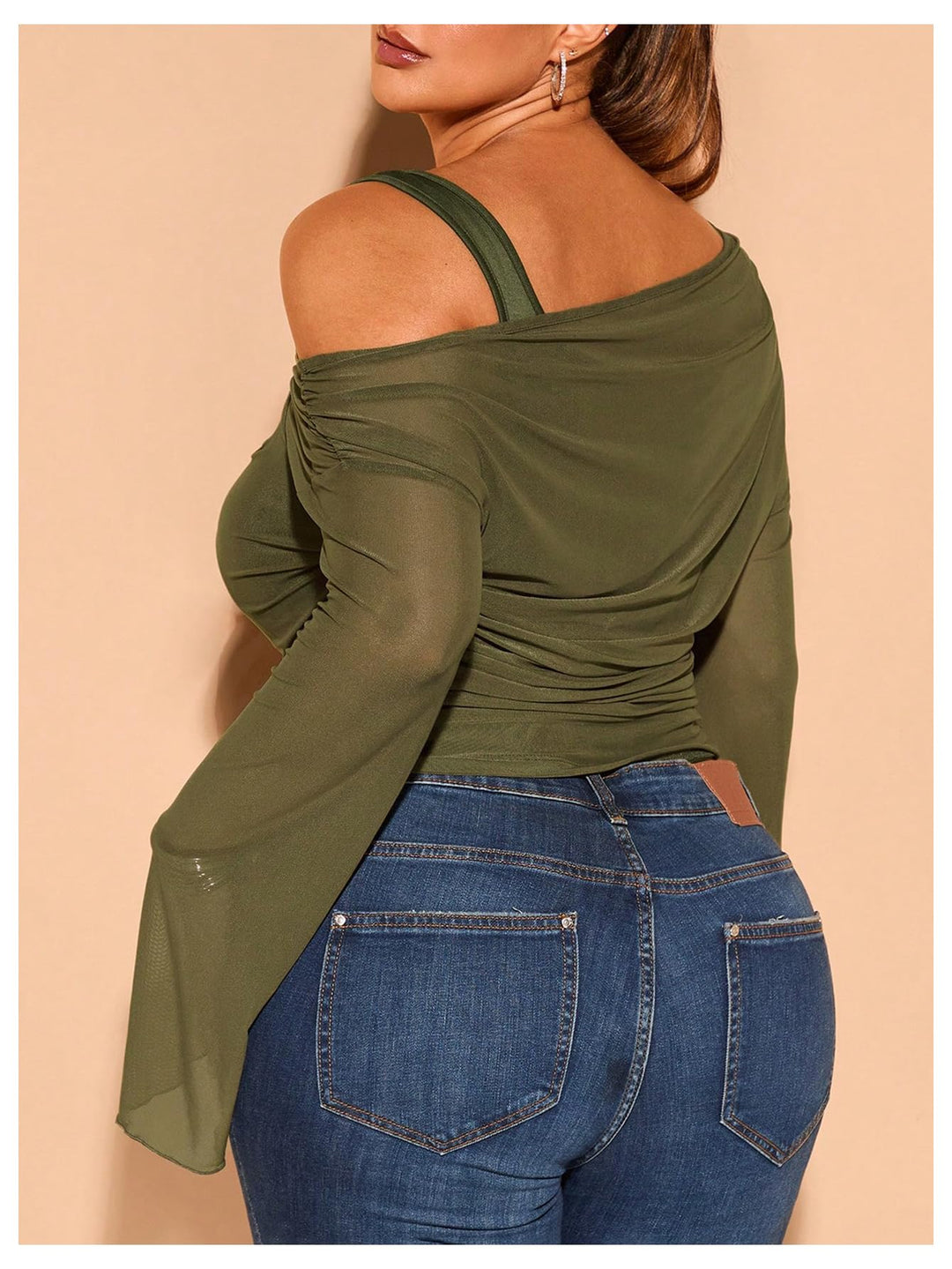 Off-Shoulder Mesh Flare Sleeve Cropped Top