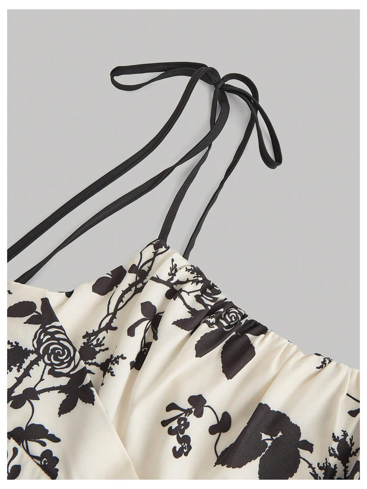 Black Floral Tie-Strap Midi A-Line Dress