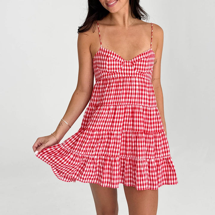 Red Gingham Tiered Spaghetti Strap Mini Dress