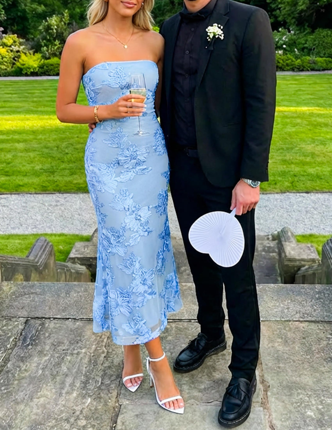Light Blue Floral Strapless Midi Dress