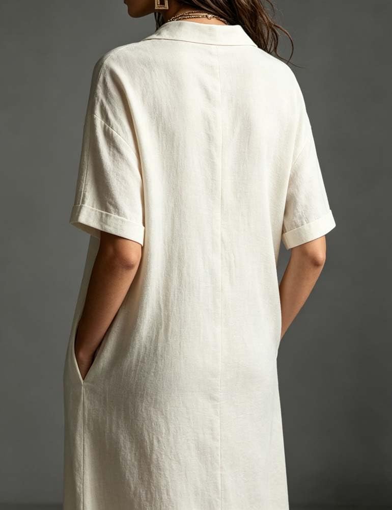 Linen Blend Half-Button Midi Shirt Dress