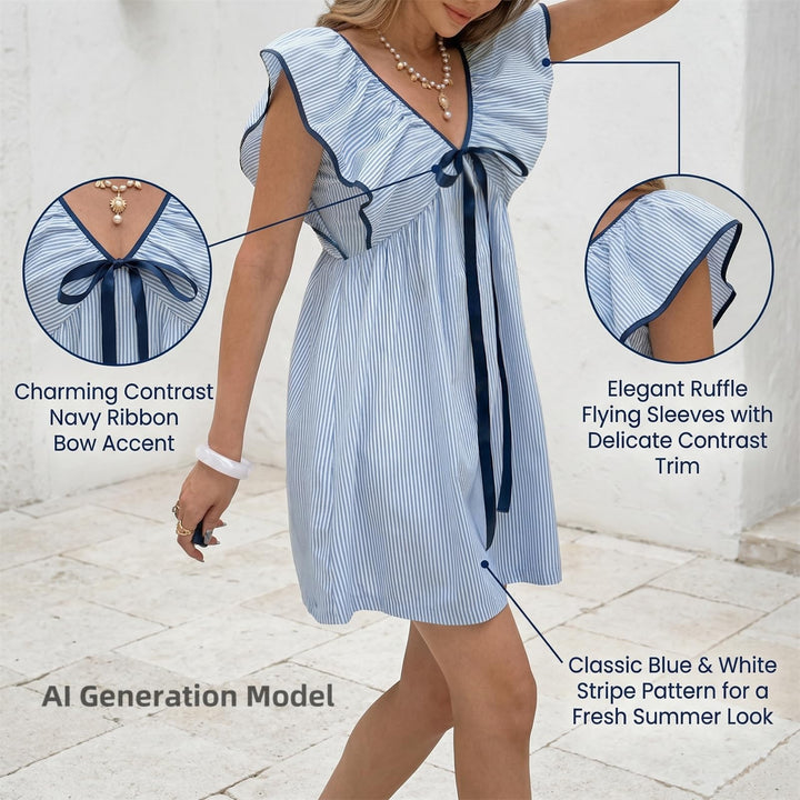 Striped Bow-Front Ruffle Sleeve Mini Dress