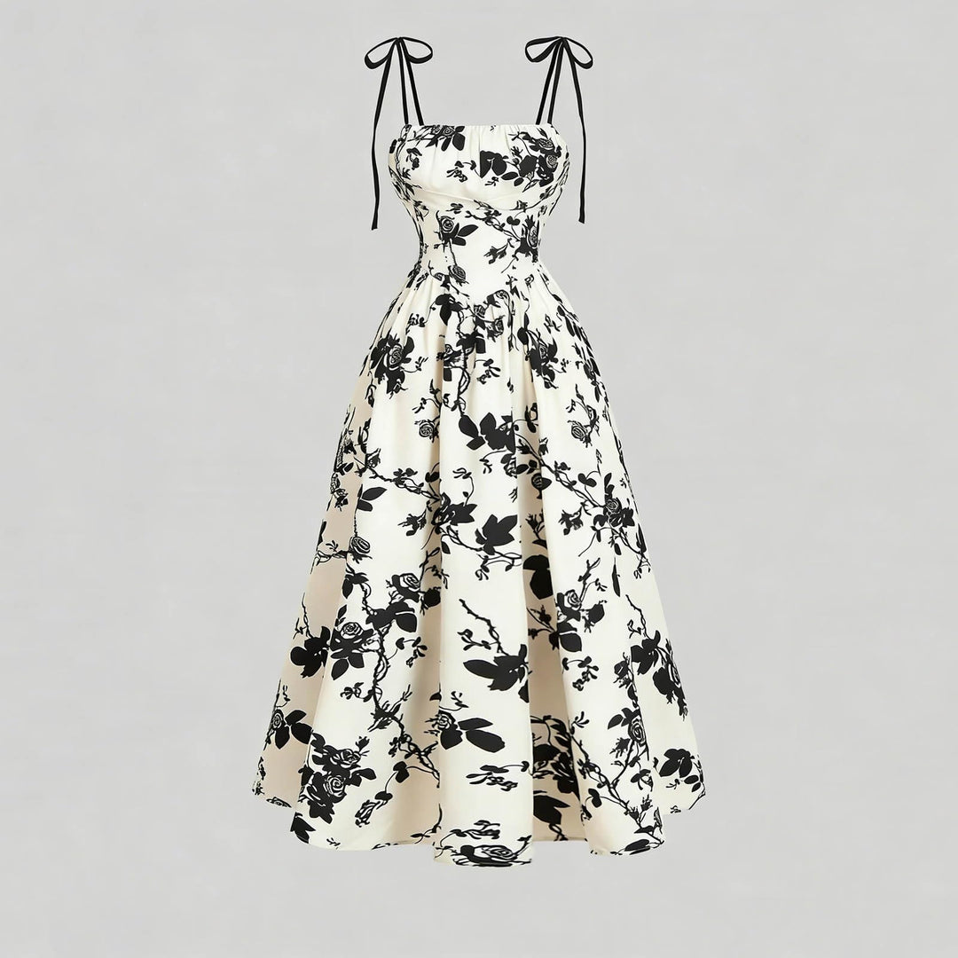 Black Floral Tie-Strap Midi A-Line Dress