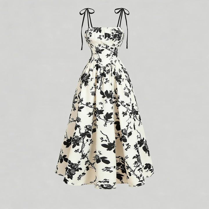 Black Floral Tie-Strap Midi A-Line Dress