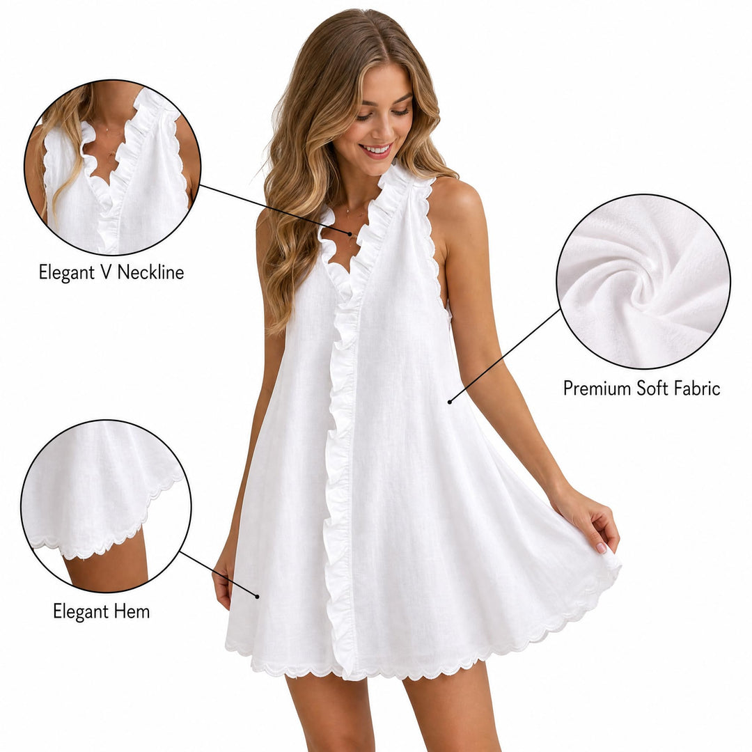 Ruffle Trim Linen-Blend Mini Dress