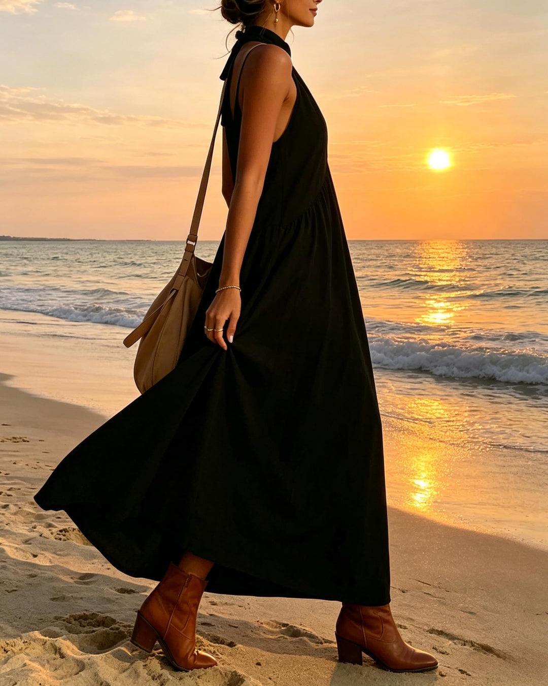 Beige Linen-Blend Halter Neck Maxi Dress