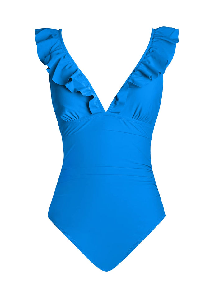 Ruffle-Shoulder Ruched One-Piece Swimsuit