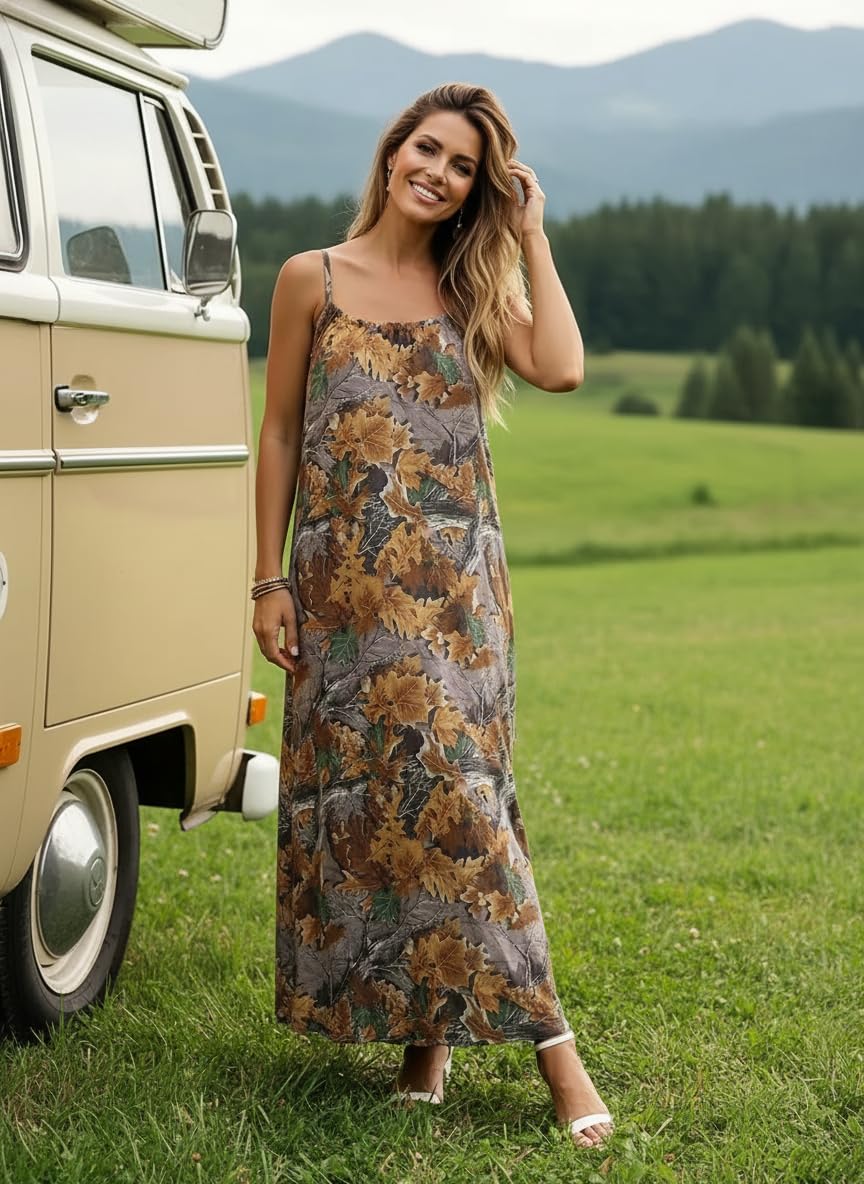 Leaf Print Spaghetti Strap Maxi Dress