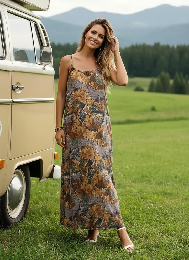 Leaf Print Spaghetti Strap Maxi Dress