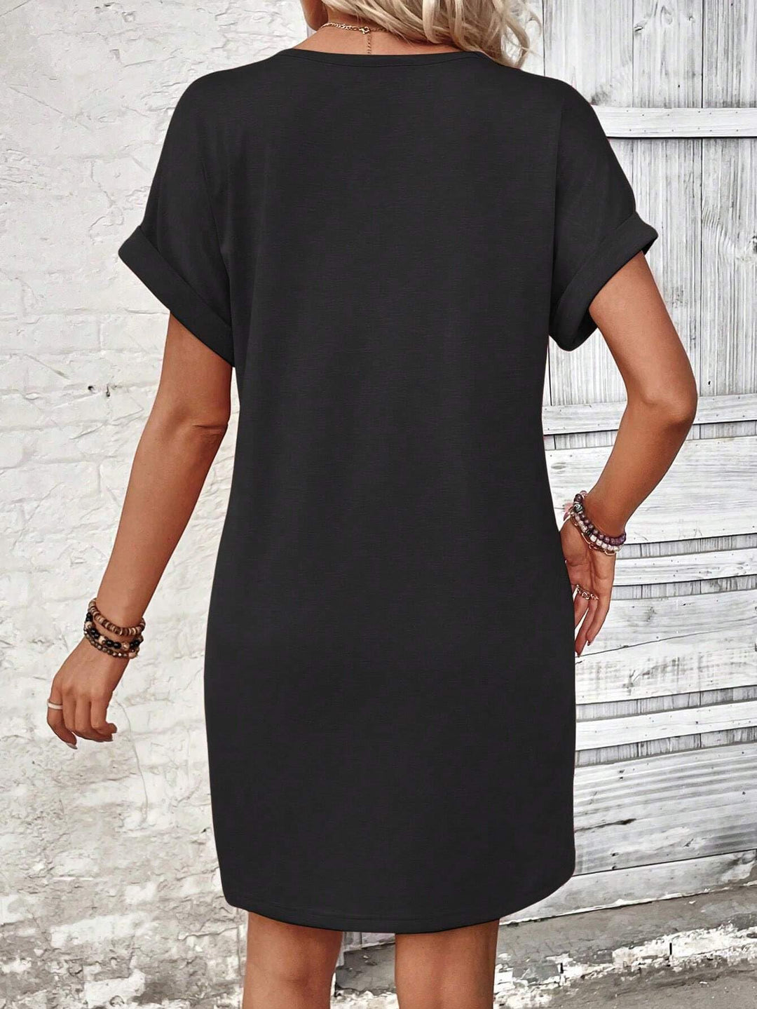 Button V-Neck Short Sleeve T-Shirt Dress