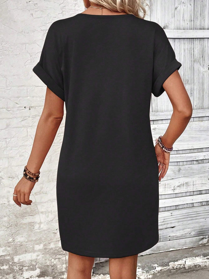 Button V-Neck Short Sleeve T-Shirt Dress