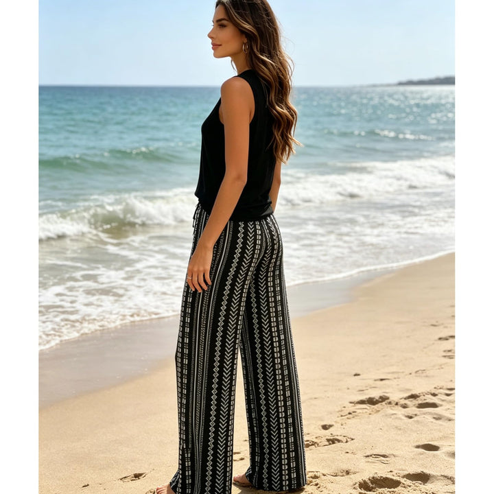 Sleeveless High-Neck Top Printed Wide-Leg Pants Set