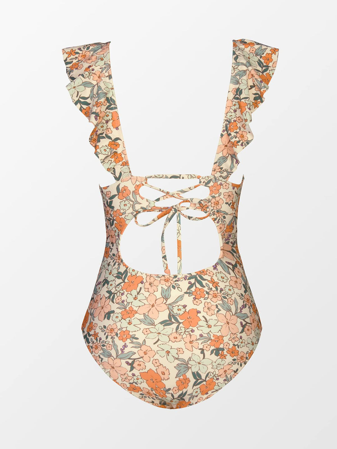 Floral Ruffle-Shoulder Ruched One-Piece Swimsuit