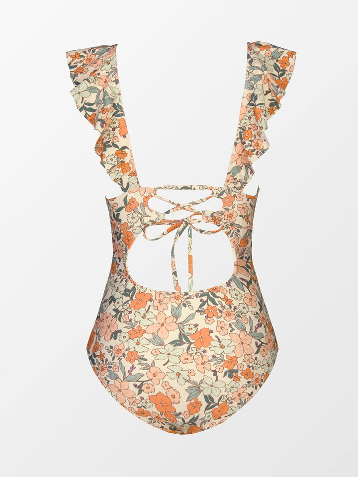 Floral Ruffle-Shoulder Ruched One-Piece Swimsuit
