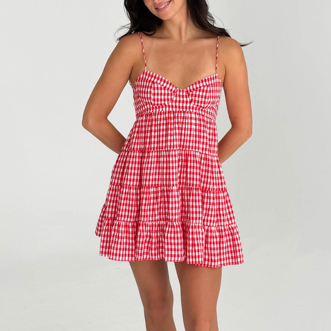 Red Gingham Tiered Spaghetti Strap Mini Dress