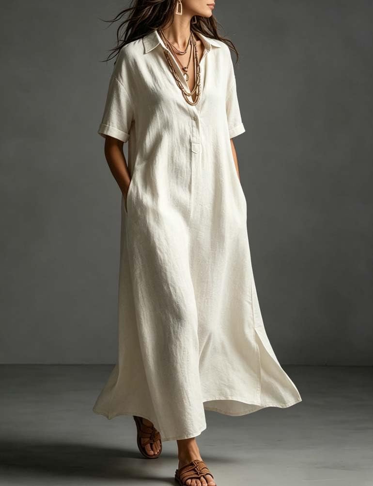 Linen Blend Half-Button Midi Shirt Dress