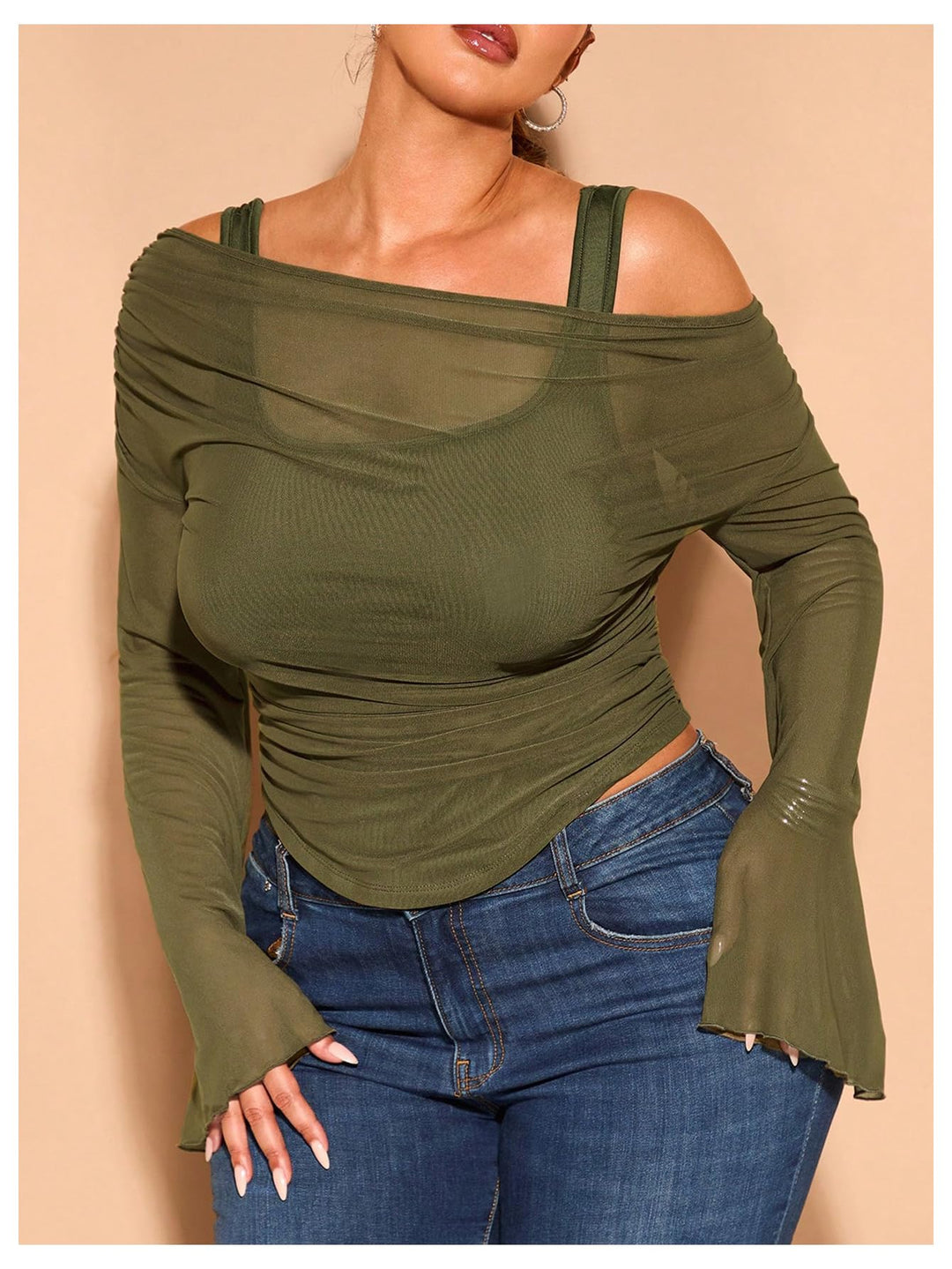 Off-Shoulder Mesh Flare Sleeve Cropped Top
