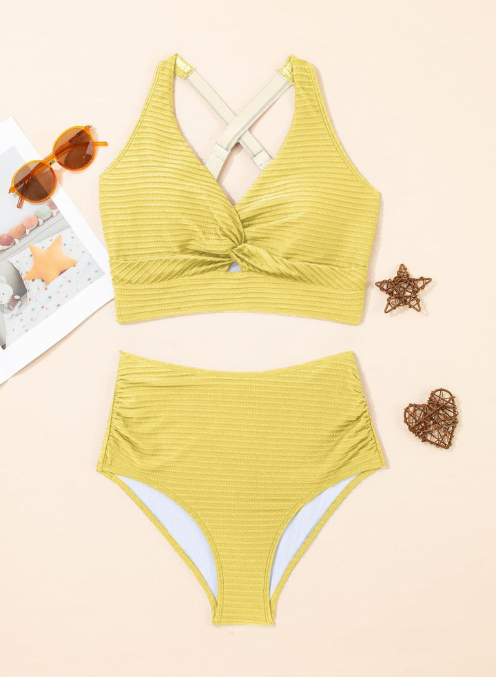 Orange Ribbed High-Waisted Bikini Set with Twist-Front Crop Top