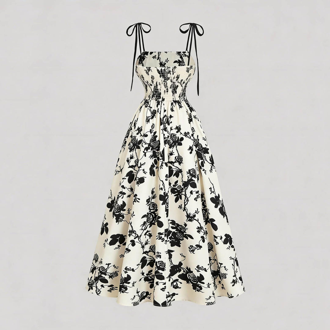 Black Floral Tie-Strap Midi A-Line Dress