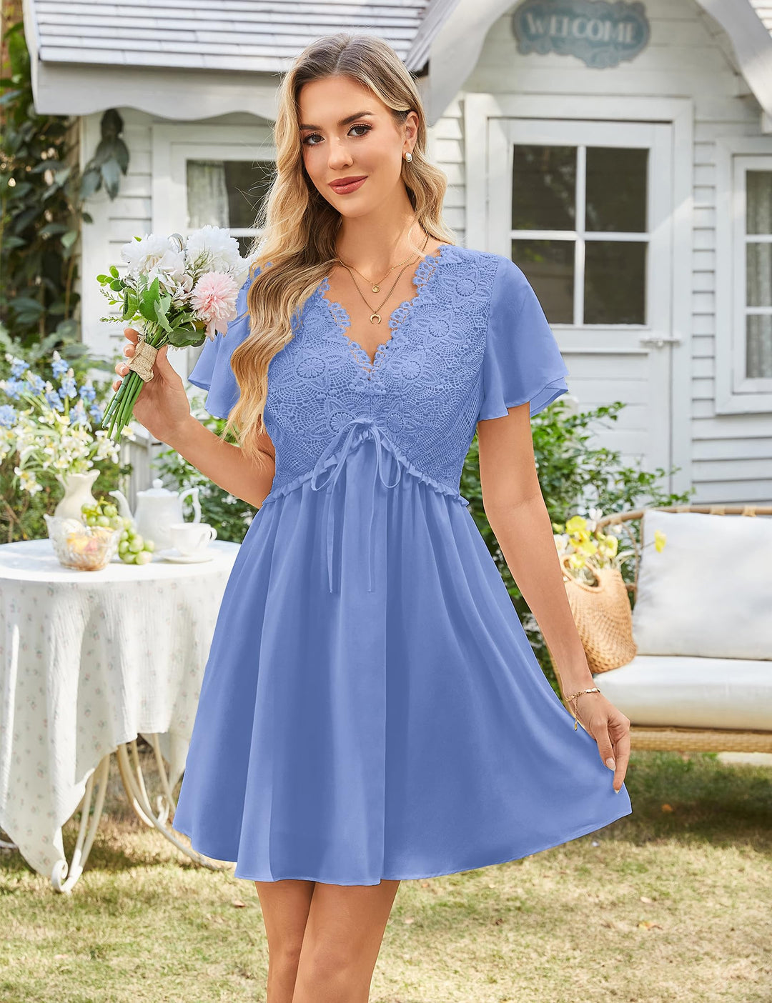 Rust Lace V-Neck Chiffon Mini Dress