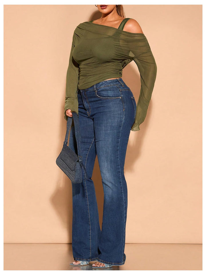 Off-Shoulder Mesh Flare Sleeve Cropped Top