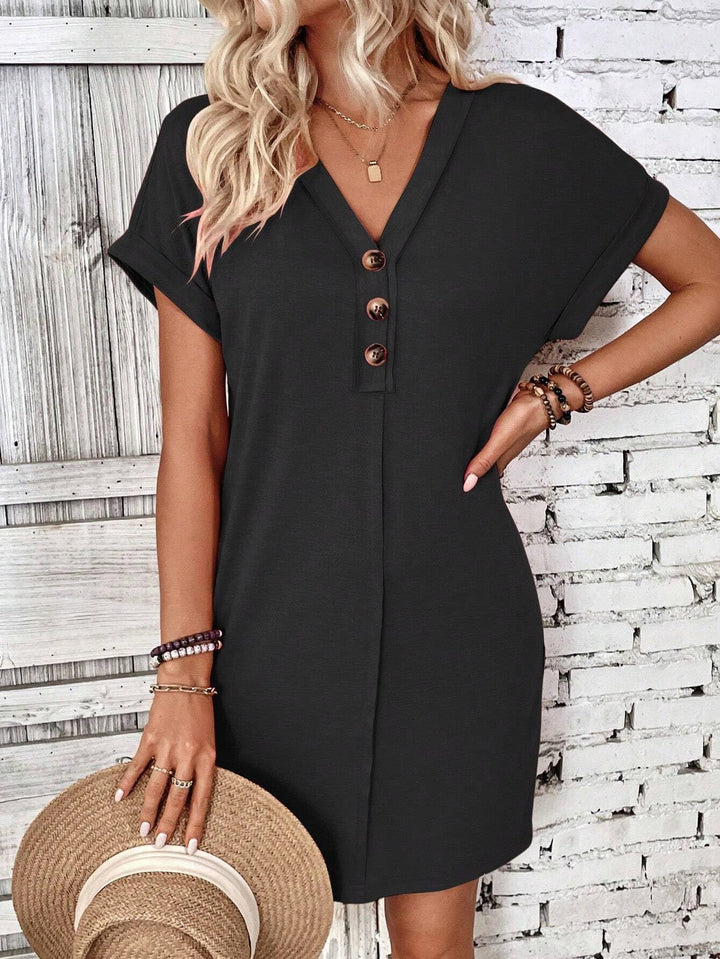Button V-Neck Short Sleeve T-Shirt Dress