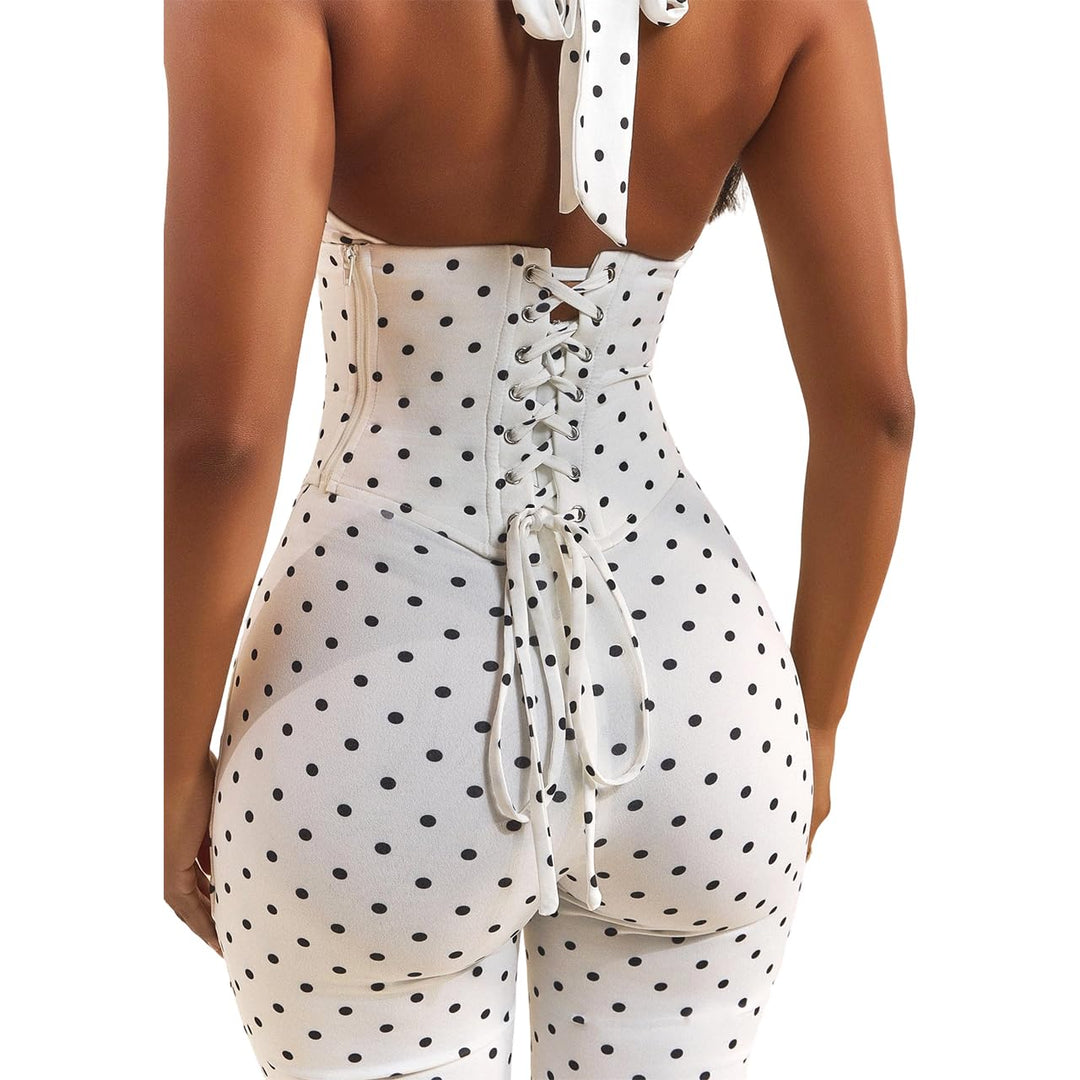 Polka Dot Halter Neck Backless Bodycon Jumpsuit