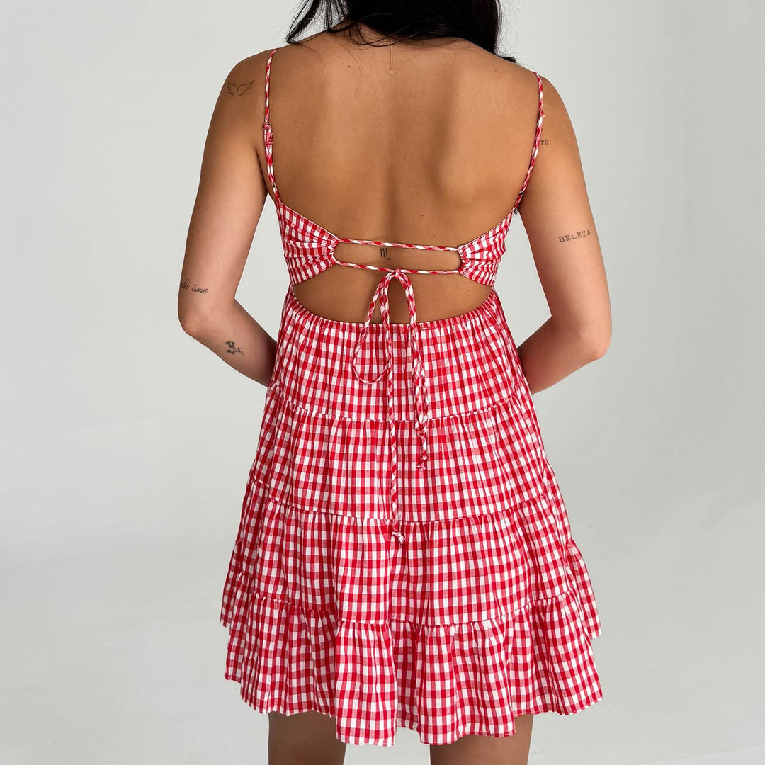 Red Gingham Tiered Spaghetti Strap Mini Dress