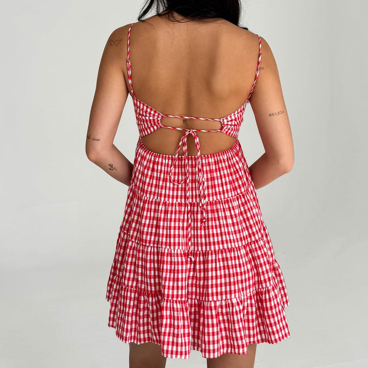 Red Gingham Tiered Spaghetti Strap Mini Dress