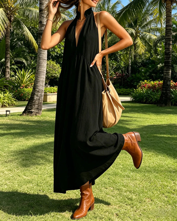 Beige Linen-Blend Halter Neck Maxi Dress