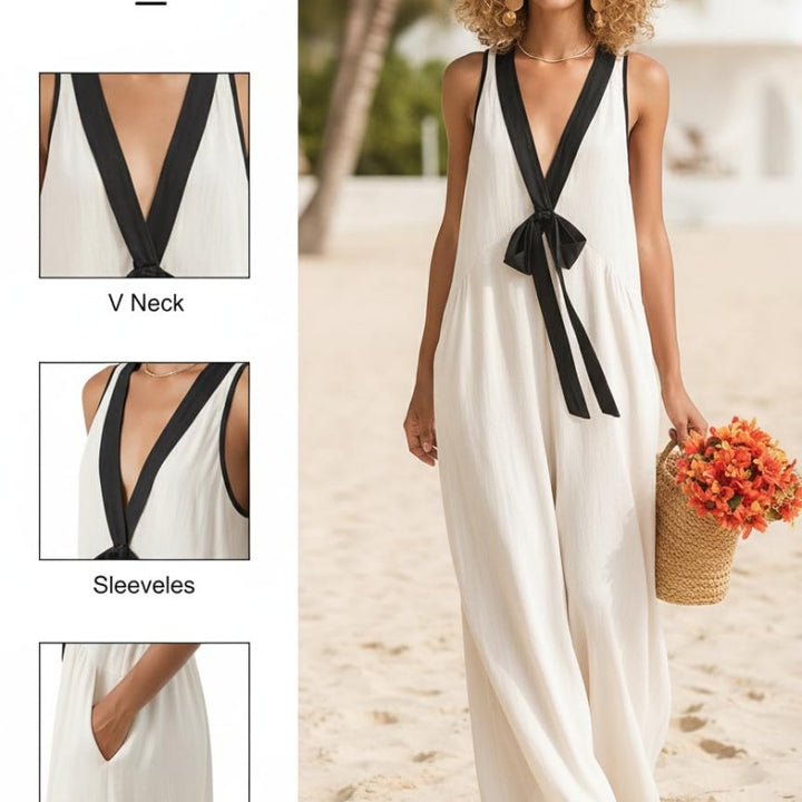 Contrast Trim V-Neck Tie-Front Maxi Dress