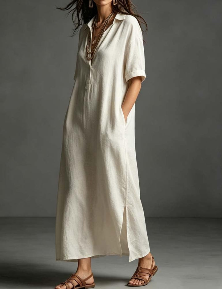 Linen Blend Half-Button Midi Shirt Dress