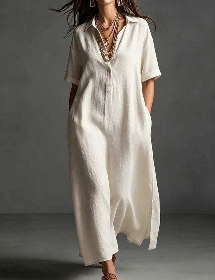 Linen Blend Half-Button Midi Shirt Dress