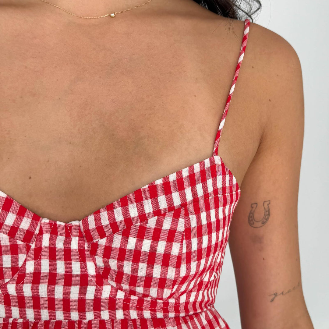 Red Gingham Tiered Spaghetti Strap Mini Dress