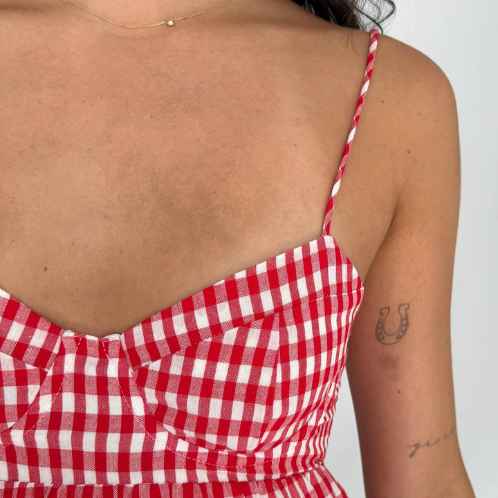 Red Gingham Tiered Spaghetti Strap Mini Dress