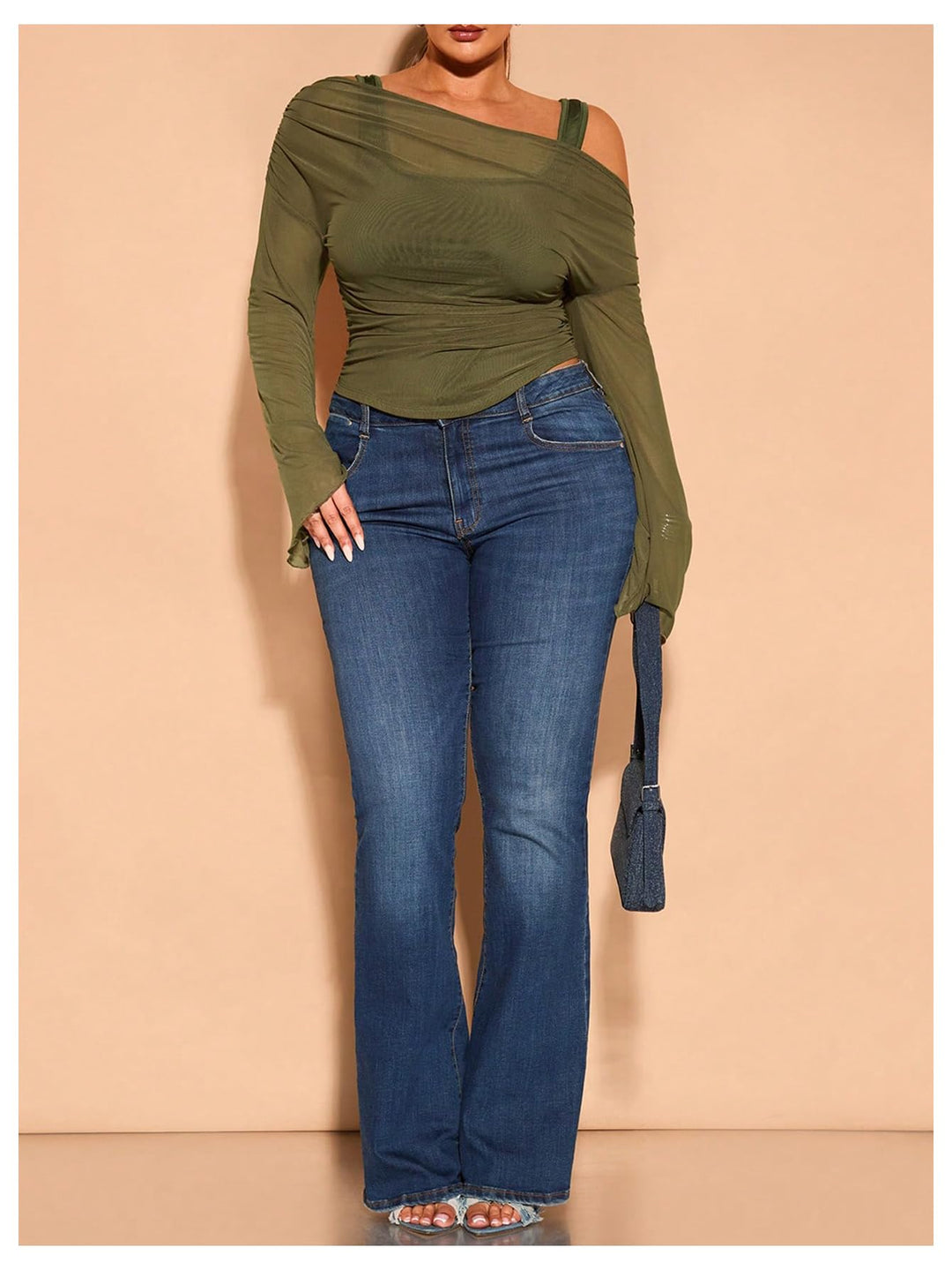 Off-Shoulder Mesh Flare Sleeve Cropped Top