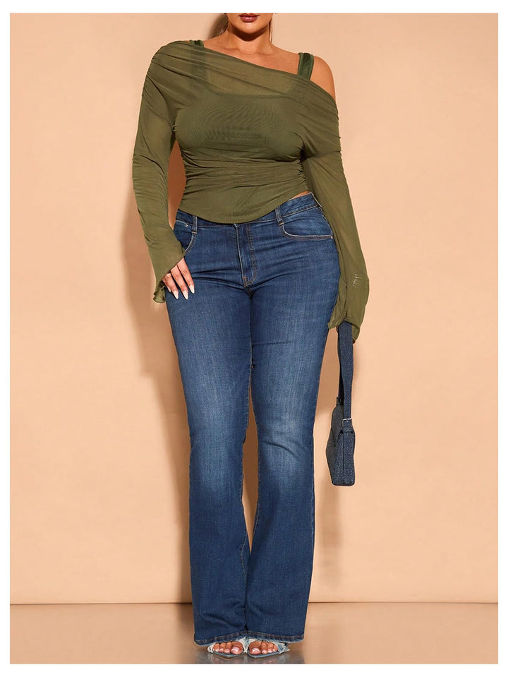 Off-Shoulder Mesh Flare Sleeve Cropped Top
