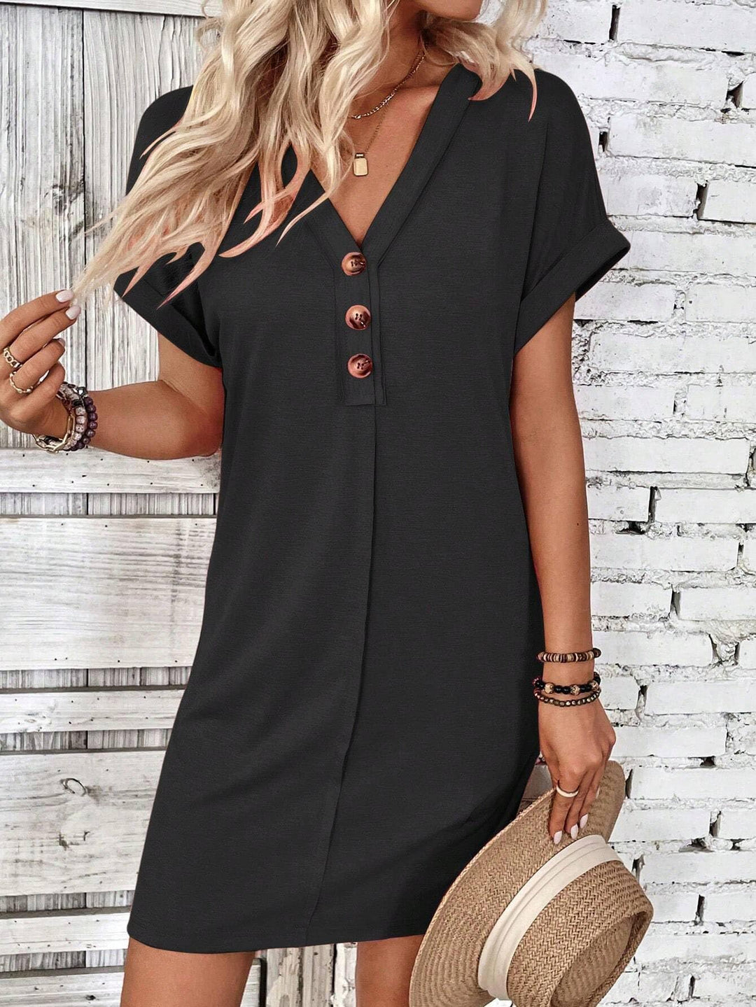 Button V-Neck Short Sleeve T-Shirt Dress
