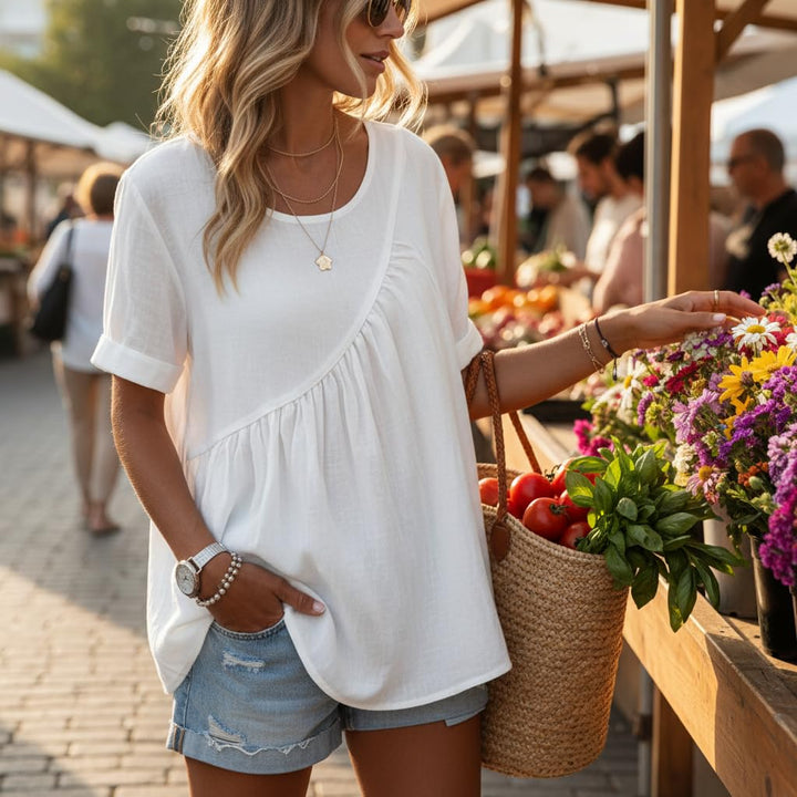 White Linen-Blend Gathered Peplum Top