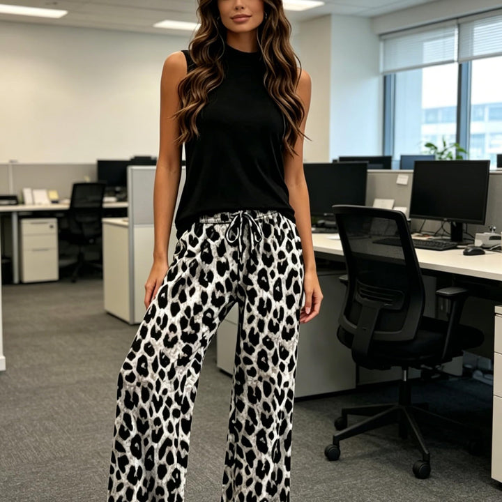Sleeveless High-Neck Top Printed Wide-Leg Pants Set