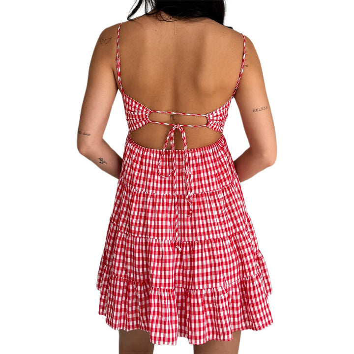 Red Gingham Tiered Spaghetti Strap Mini Dress