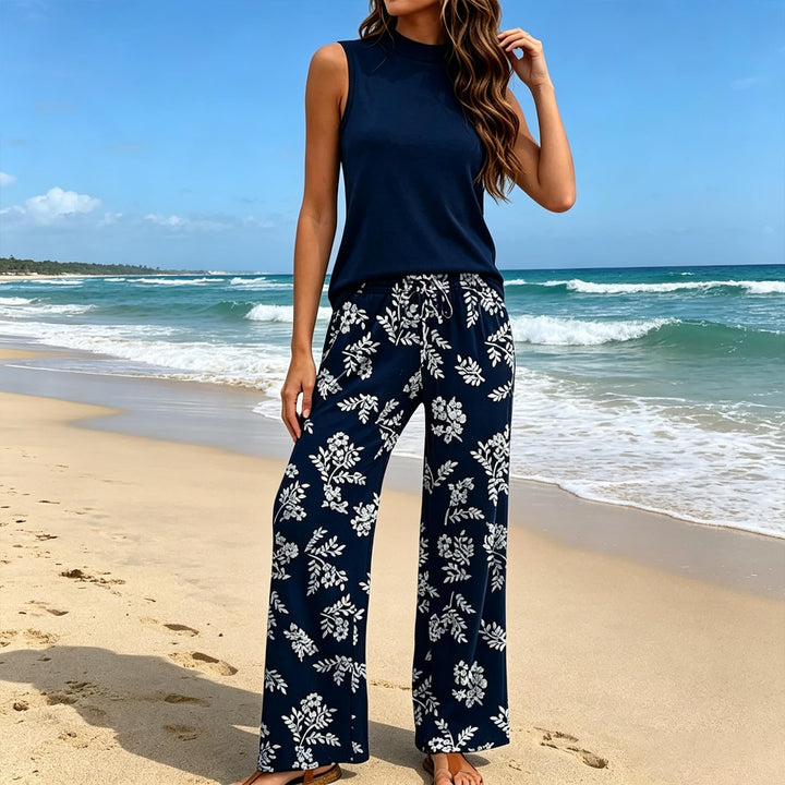 Sleeveless High-Neck Top Printed Wide-Leg Pants Set