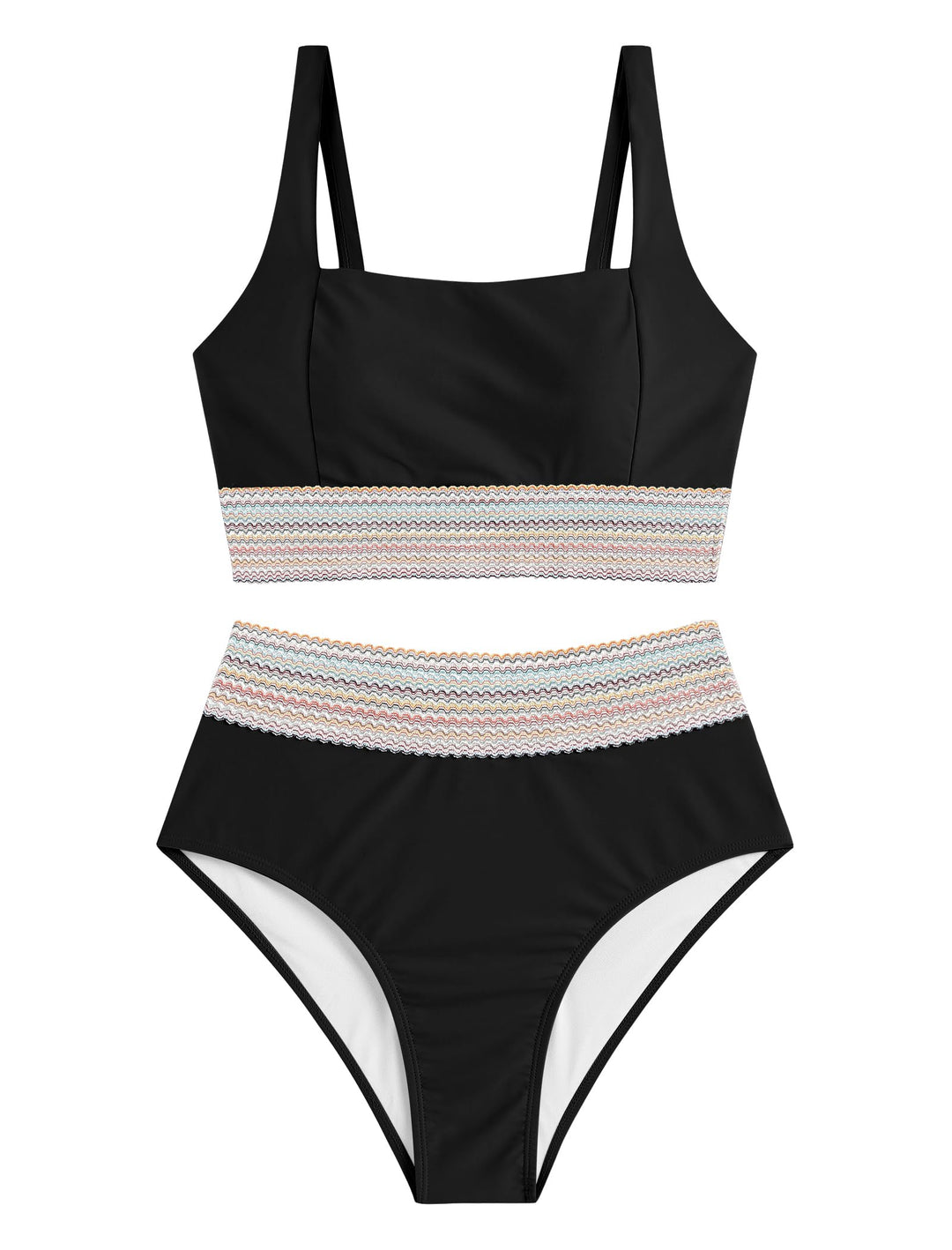Rainbow Wavy Trim High-Waisted Bikini Set