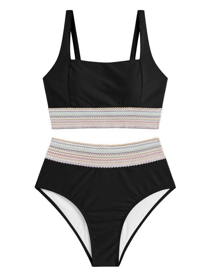 Rainbow Wavy Trim High-Waisted Bikini Set
