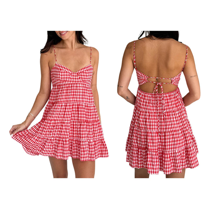 Red Gingham Tiered Spaghetti Strap Mini Dress