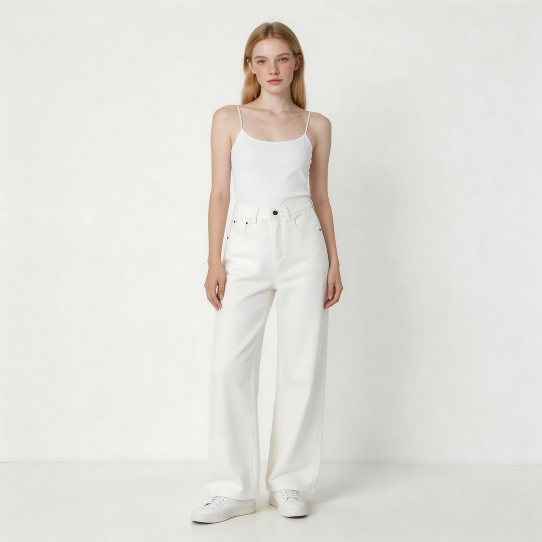 High Waist Straight Leg White Jeans | Relaxed Fit Wide Leg Denim Pants