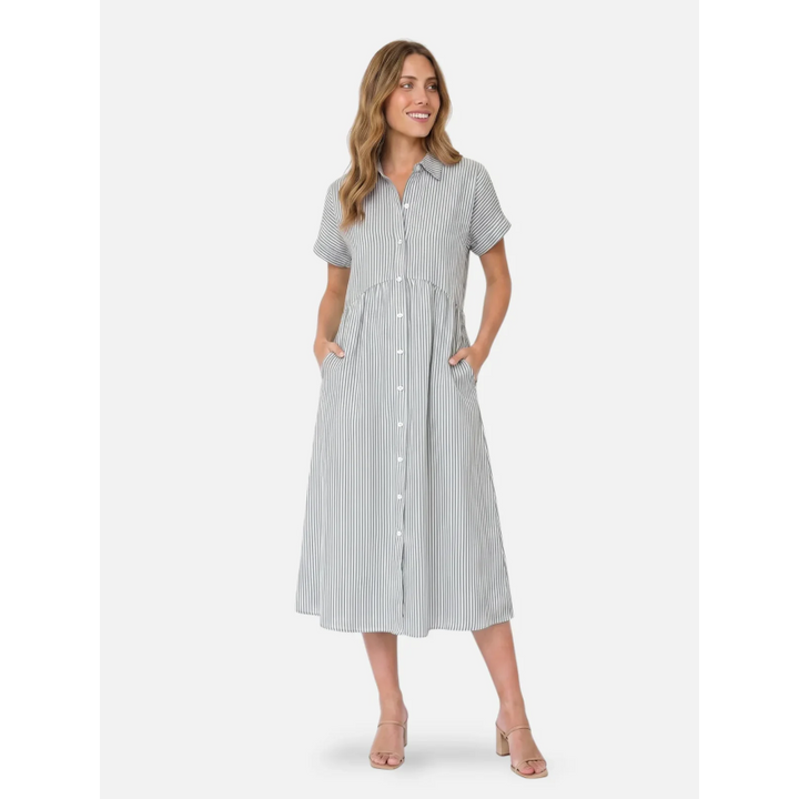 Striped Button-Down Midi Shirt Dress