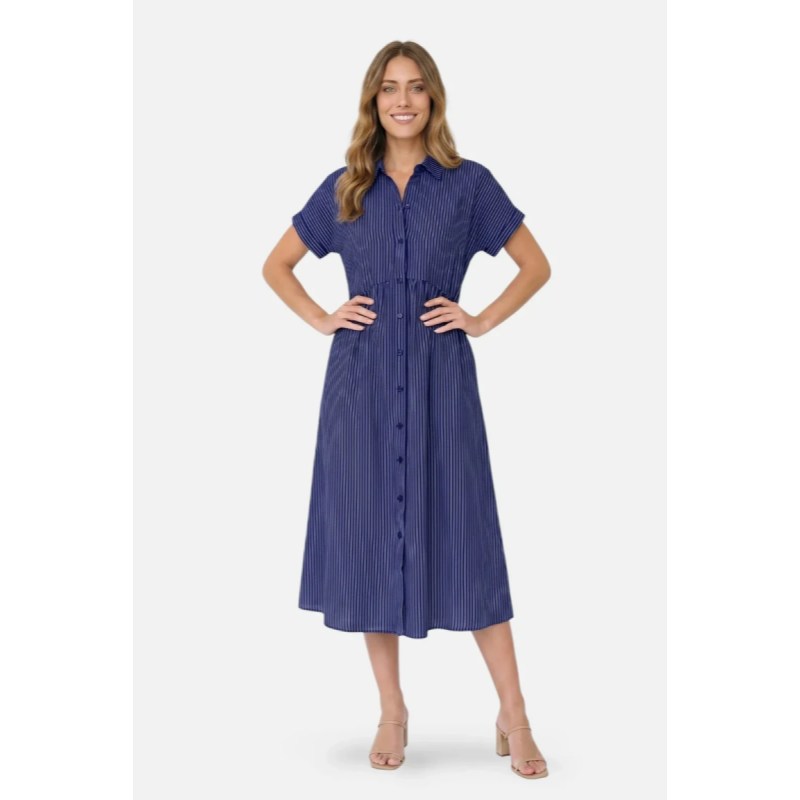 Striped Button-Down Midi Shirt Dress