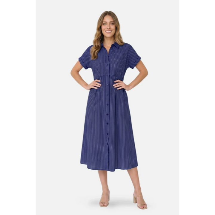 Striped Button-Down Midi Shirt Dress