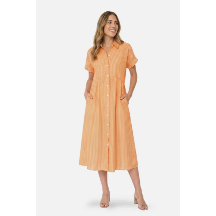 Striped Button-Down Midi Shirt Dress